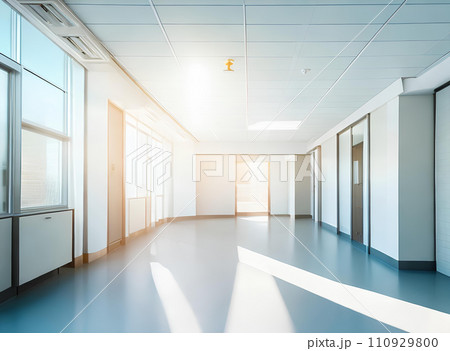 Light blurred background. The hall of an office or medical institution with panoramic windows and a perspective. Light blurred background. The hall of an office or medical institution with panoramic windows and a perspective. 110929800