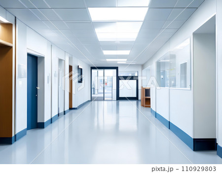 Light blurred background. The hall of an office or medical institution with panoramic windows and a perspective. Light blurred background. The hall of an office or medical institution with panoramic windows and a perspective. 110929803
