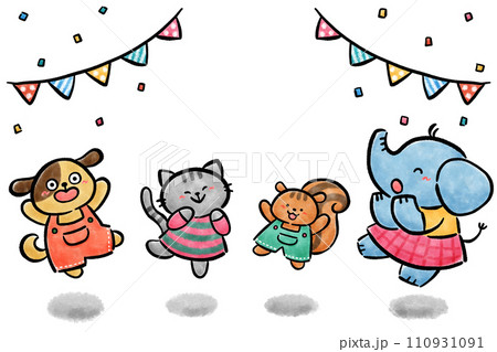 元気よくジャンプする動物たち 手描きイラスト素材 元気よくジャンプする動物たち 手描きイラスト素材 110931091