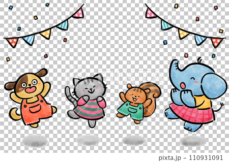 元気よくジャンプする動物たち 手描きイラスト素材 元気よくジャンプする動物たち 手描きイラスト素材 110931091