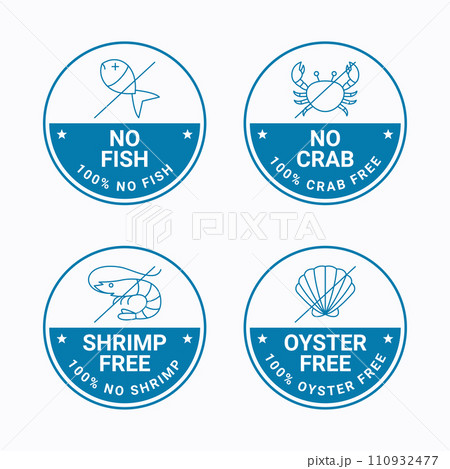 Four Food Allergen Labels about fish, crab, shrimp and oyster. Four Food Allergen Labels about fish, crab, shrimp and oyster. 110932477
