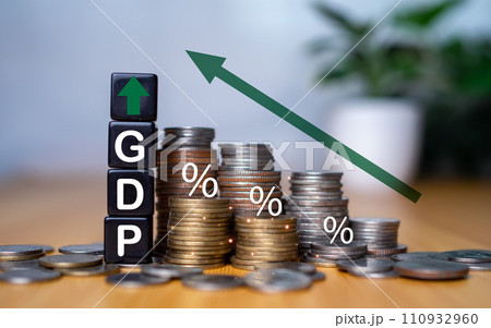 Gross domestic product, Financial, Management, Economic, Inflation, recession and Money concepts, GDP block with Coins stack and UP and Down arrow symbol icon. Gross domestic product, Financial, Management, Economic, Inflation, recession and Money concepts, GDP block with Coins stack and UP and Down arrow symbol icon. 110932960