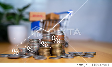 Stock trading. Finance. Investing. Growing business. Businessman in suit showing finger pointing to arrow tip on gray background. 110932961
