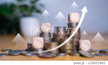 Stock trading. Finance. Investing. Growing business. Businessman in suit showing finger pointing to arrow tip on gray background. 110932962