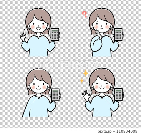 拿著計算器的女人的一組不同的上半身姿勢和臉部表情 110934009