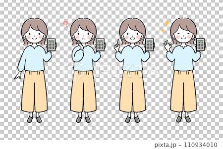 拿著計算器的女人的一組不同的全身姿勢和臉部表情 110934010