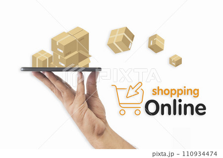 Close-up Man's hand holds a smartphone and a package floats out of his phone. online shopping offers, isolated on a white background. Concept of Marketing, Shopping, technology, connection, social. 110934474