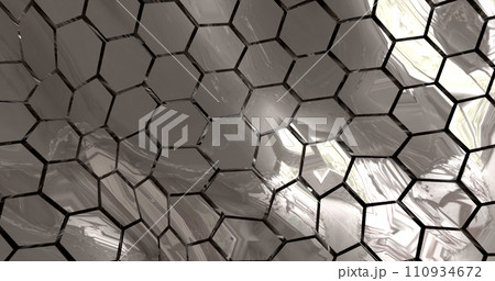 Abstract metallic silver chrome shiny cells hexagons with waves background 110934672