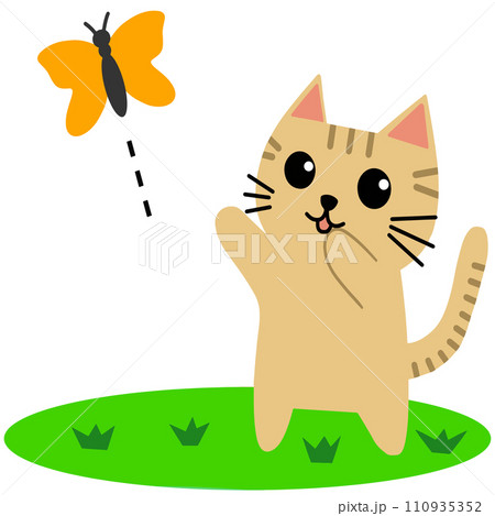 蝶を追いかけるねこのイラスト素材 [110935352] - PIXTA