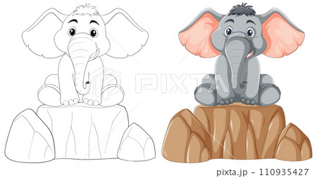 Cute Elephant Sitting on Rocks Illustration Cute Elephant Sitting on Rocks Illustration 110935427