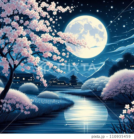 桜と満月のある風景（AI生成画像） 110935459