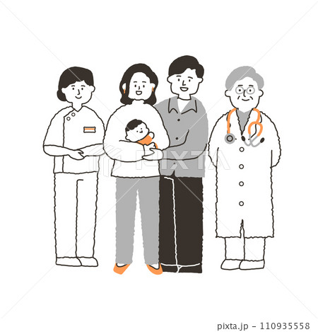 赤ちゃんを抱く若い男女と医者と看護師 110935558