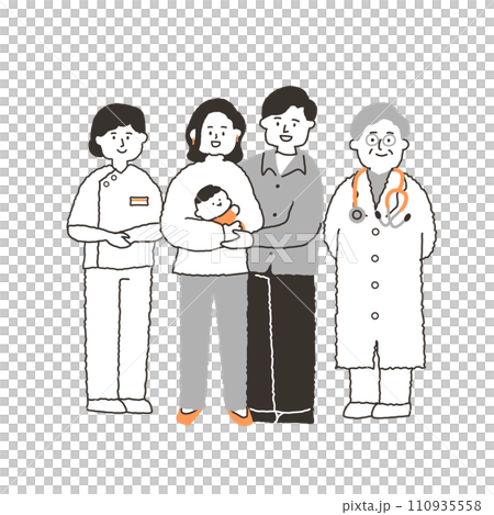 赤ちゃんを抱く若い男女と医者と看護師 110935558
