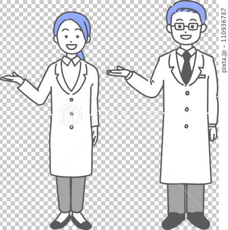 A simple illustration of a man and woman in white coats guiding people A simple illustration of a man and woman in white coats guiding people 110936787