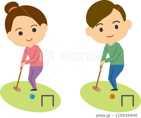 ゲートボールをする若い男女のイメージイラストセット 110936940