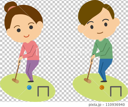 ゲートボールをする若い男女のイメージイラストセット 110936940