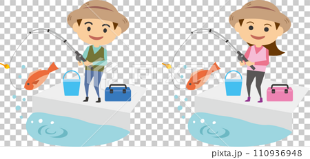 魚釣りをしている男性と女性のイメージイラストセット 110936948