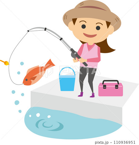 魚釣りをしている女性のイメージイラスト 魚釣りをしている女性のイメージイラスト 110936951
