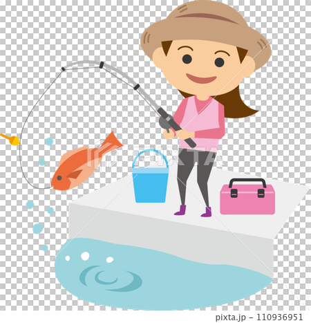 一個女人釣魚的圖像插圖 一個女人釣魚的圖像插圖 110936951