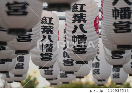 紅葉八幡宮境内に吊り下げられた御祭礼用の白い提灯 紅葉八幡宮境内に吊り下げられた御祭礼用の白い提灯 110937518