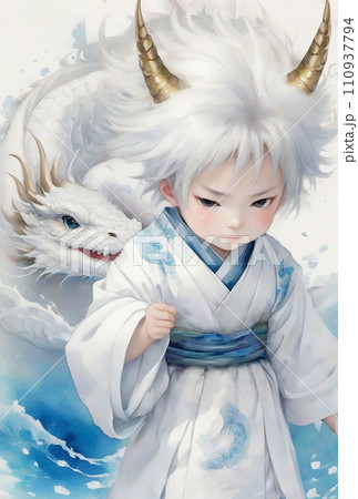 幼い龍と白龍の開運スピリチュアルイラストアート（AI生成画像） 110937794