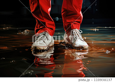 Dirty white sneakers on the feet of a man in red trousers walking through a puddle, close-up 110938137