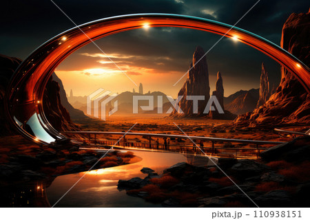 Futuristic sunset landscape with landscape and illuminated by neon bright metal 110938151