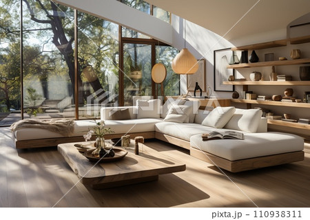 Living room with bright walls and flooring. The space with furniture featuring minimalist, geometric designs 110938311