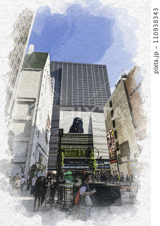 水彩画風　新宿歌舞伎町　シネシティ広場　東京都新宿区 110938343