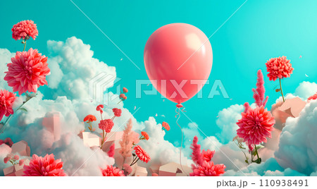 Poster or banner with clouds, hearts, balloons, flowers and presents on pastel blue 3D background for st. Valentine day 110938491