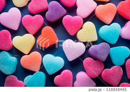 Closeup of pink candy hearts and sweets in shape of love symbol on pink background, for Valentine's day Closeup of pink candy hearts and sweets in shape of love symbol on pink background, for Valentine's day 110938495