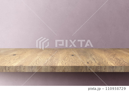 木目のあるナチュラルな木の棚(台)とピンクの凹凸のある壁の背景 木目のあるナチュラルな木の棚(台)とピンクの凹凸のある壁の背景 110938729