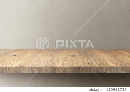 木目のあるナチュラルな木の棚(台)とグレーの凹凸のある壁の背景 木目のあるナチュラルな木の棚(台)とグレーの凹凸のある壁の背景 110938730