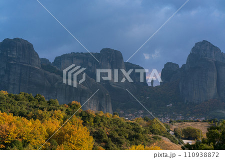 view of the rocks of Meteora complex in Greece and Kastraki village view of the rocks of Meteora complex in Greece and Kastraki village 110938872