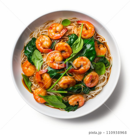 Noodles with prawns in soy sauce with spinach 110938968