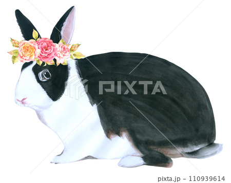 Rabbit Easter animal with flower watercolor 110939614