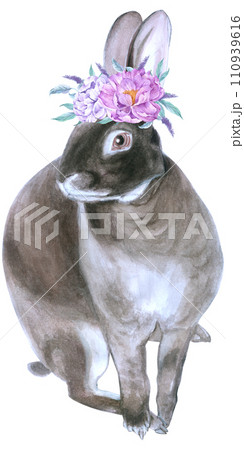 Rabbit Easter animal with flower watercolor Rabbit Easter animal with flower watercolor 110939616