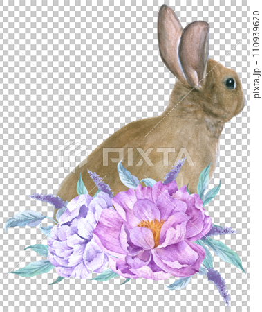 Rabbit Easter animal with flower watercolor 110939620
