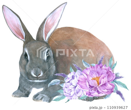Rabbit Easter animal with flower watercolor 110939627