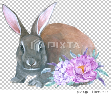 Rabbit Easter animal with flower watercolor 110939627