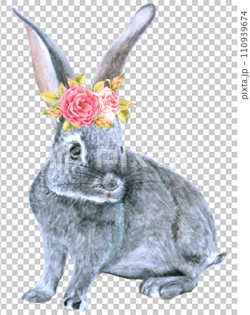 Rabbit Easter animal with flower watercolor 110939674