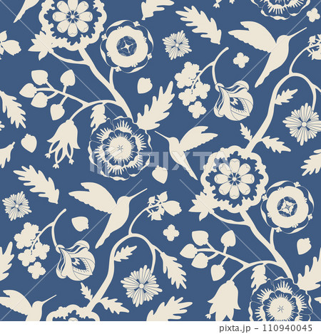 Beige flowers and hummingbirds silhouettes seamless pattern on blue background. Indian floral style pattern 110940045