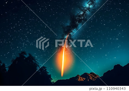 AI-generated content. A comet, an asteroid, a meteorite falls to the ground against a starry sky. Neural network AI generated art AI-generated content. A comet, an asteroid, a meteorite falls to the ground against a starry sky. Neural network AI generated art 110940343