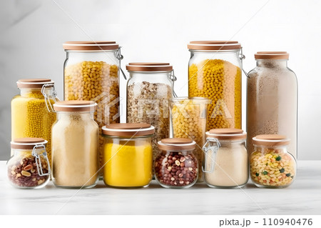 AI-generated content. Assortment of grain products and pasta in glass storage containers. Neural network AI generated art 110940476
