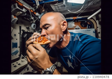 AI-generated content. astronaut eating pizza on a spaceship. Neural network AI generated art 110940478