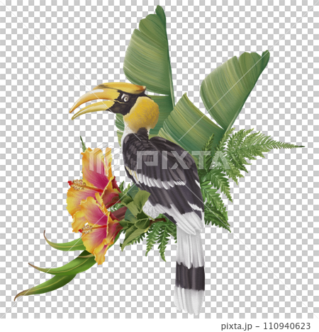 Tropical composition with bird watercolor hand paint 110940623