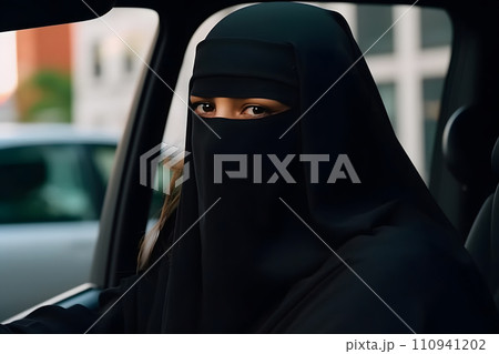 AI-generated content. Beautiful muslim woman driving car. Neural network AI generated art 110941202