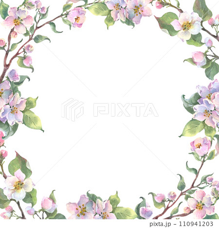 Watercolor square frame apple tree branch and flowers, blooming tree on white background, isolated watercolor illustration. It's perfect for wedding cards, mothers day and valentines card. Watercolor square frame apple tree branch and flowers, blooming tree on white background, isolated watercolor illustration. It's perfect for wedding cards, mothers day and valentines card. 110941203