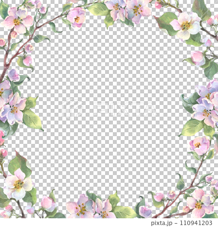Watercolor square frame apple tree branch and flowers, blooming tree on white background, isolated watercolor illustration. It's perfect for wedding cards, mothers day and valentines card. Watercolor square frame apple tree branch and flowers, blooming tree on white background, isolated watercolor illustration. It's perfect for wedding cards, mothers day and valentines card. 110941203