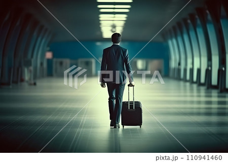 AI-generated content. Business man at international airport moving to terminal gate for airplane travel trip. Neural network AI generated art 110941460